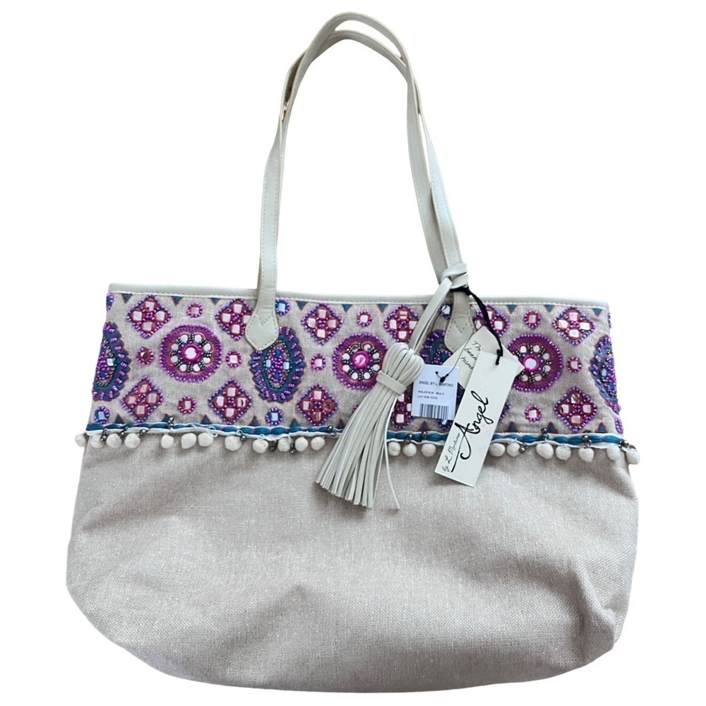 Angel By L. Martino Extra Large Beaded Boarding Tote Boho Beach Bag NWT